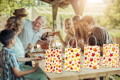 Miniatura 5 de 12 bolsas de regalo de otoño para fiesta de Acción de Gracias, hojas de arce naranja de otoño, bolsas de comestibles, bolsas de papel de Acción