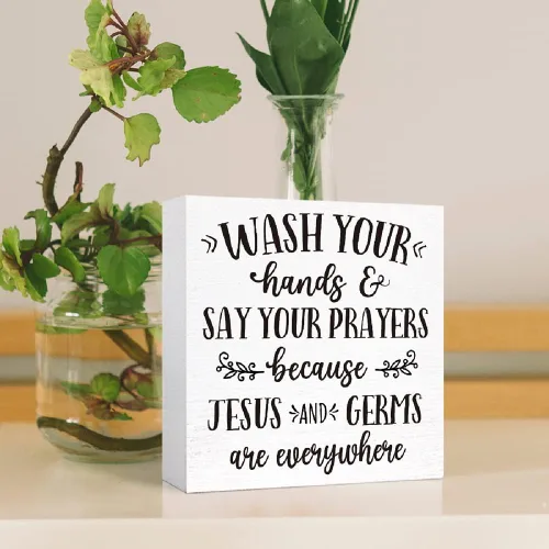 Miniatura 4 de Letrero de madera con texto en inglés "Wash Your Hands and Say Your Prayers", divertidos letreros de baño para estante de baño, baño, baño, Blanco