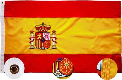 Bandera de España de 3 x 5 pies, bandera española bordada, doble costura, rayas cosidas, para exteriores, interiores, 210D, resistente, bandera