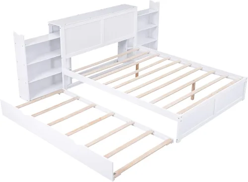 Miniatura 7 de RUNNA Elegante cama de plataforma de tamaño Queen con estantes extraíbles, cama de almacenamiento de madera con nido de tamaño individual
