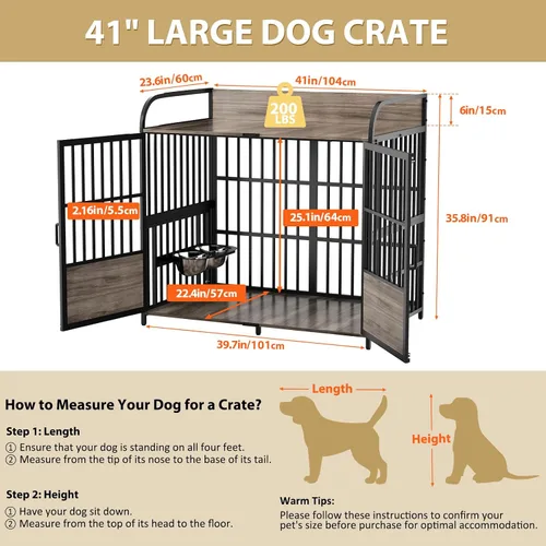 Miniatura 2 de BEURUKU Mueble de jaula para perros XL de 41 pulgadas, perrera mediana para interiores con 2 cuencos ajustables, mesa de jaula para perros de madera