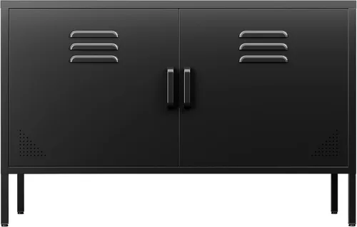 Miniatura 3 de SISESOL Armario de almacenamiento de metal negro con puertas y estantes, armario de almacenamiento de metal ancho de 2 puertas con patas y orificio
