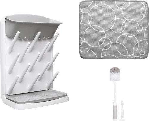 Ubbi Estante de secado vertical de botellas, cepillo para botellas y tapete de secado de microfibra, artículos esenciales para bebés recién nacidos,