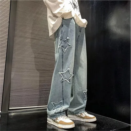 Miniatura 4 de Pantalones vaqueros Y2k para hombre, estilo hip hop, holgados, con estrellas, pantalones de mezclilla de pierna recta, pantalones deportivos