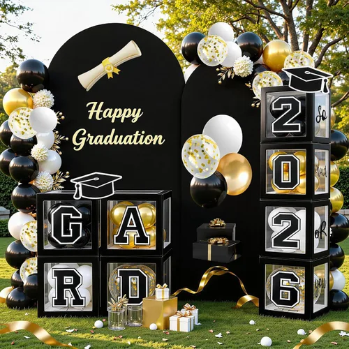 Miniatura 5 de Decoraciones de graduación 2026, juego de 4 cajas con 129 globos arco guirnalda kit suministros de fiesta para cualquier grado negro