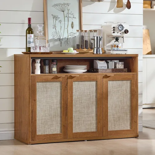 Miniatura 15 de LEYAOYAO Gabinete de buffet acanalado con almacenamiento, aparador de madera de 45 pulgadas de ancho con 3 puertas y estante de almacenamiento