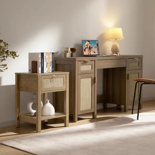 Miniatura 7 de SICOTAS Mesita de noche de ratán, cajón decorativo de ratán con perillas de latón, mesita de noche, mesa auxiliar bohemia con estante