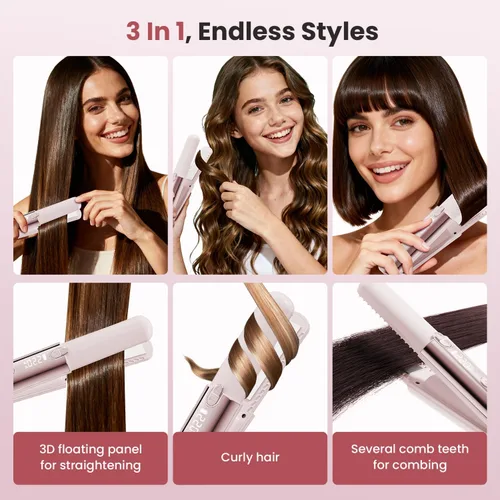 Miniatura 2 de CHIKYO Plancha de pelo inalámbrica 2 en 1, rizador portátil sobre la marcha, banco de energía portátil, 7 temperaturas, pantalla LED, mini plancha