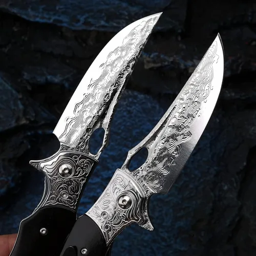 Miniatura 7 de Cuchillo plegable japonés VG10 de acero Damasco de 3.5 pulgadas para exteriores con mango de madera negra, cerradura forrada, uso EDC y camping
