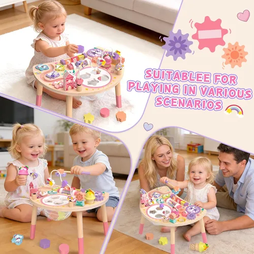Miniatura 6 de Mesa de actividades de madera para niños pequeños de 1 a 3 años, unicornio 10 en 1, tablero Montessori ocupado con forma de laberinto de cuentas