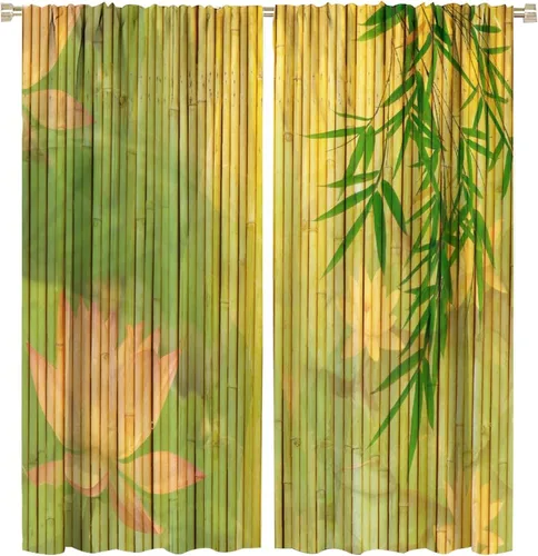 Miniatura 16 de Cortinas con estampado de bambú, tallos y hojas de bambú, temática oriental natural, oscurecimiento de habitación, ventana, ventana, cortina