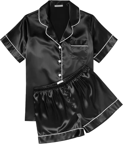 Ekouaer Conjunto de pijama de satén de seda para mujer, suave, de manga corta, con botones, ropa para dormir, camiseta y pantalones cortos, juego de