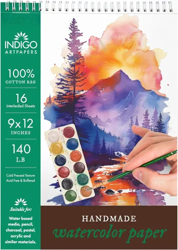 Miniatura 10 de Indigo Artpapers Bloc de papel de acuarela, 16 hojas, 5.5 x 8.5 (140 libras/10.58 oz) Trapo de 100% algodón hecho a mano, papel de pintura
