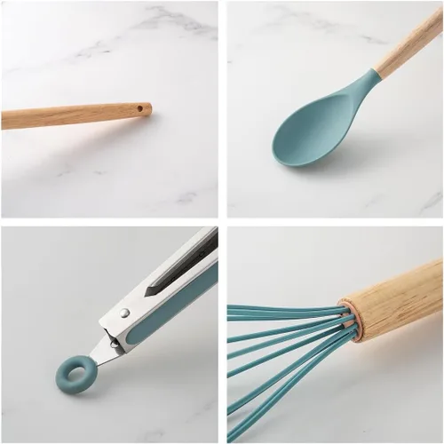 Miniatura 5 de KSENDALO Aqua - Juego de utensilios de cocina pequeños de silicona de 12 piezas con soporte, herramientas de cocina con mango de madera, espátula