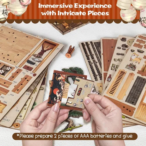 Miniatura 6 de Kit de rincón japonés de bricolaje con luces LED Rompecabezas 3D para adultos y adolescentes, miniaturas para decoración de estanterías, regalo