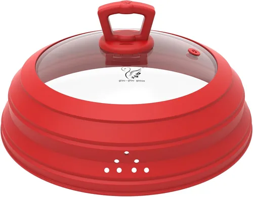 Tapa protectora de salpicaduras de vidrio ventilado para microondas, tapa protectora de salpicaduras con silicona plegable para alimentos como Rojo