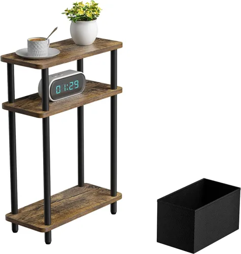Miniatura 10 de THUMEYE Mesa auxiliar estrecha con cesta de tela, 7 pulgadas de ancho, mesa auxiliar delgada de 3 niveles con patas de madera, mesita de noche