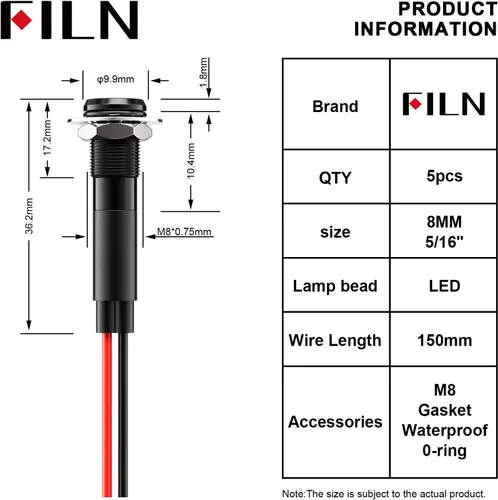 Miniatura 2 de 5 piezas 8 mm (5/16'') luz indicadora LED Luz indicadora 110V 120V lámpara piloto de metal Aluminio negro anodizado impermeable ip67 Luz de señal