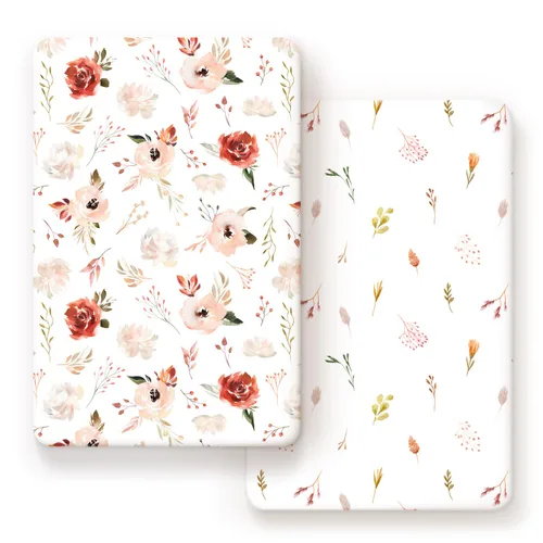 Miniatura 32 de GRSSDER Juego de 2 sábanas ajustadas de punto de jersey elástico ultra suave, paquete portátil y mini sábanas para niñas, elegante acuarela rosa