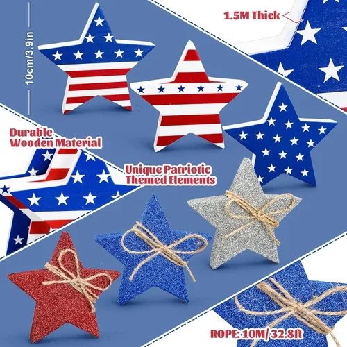 Miniatura 2 de Whaline 6 piezas de decoración de mesa de estrellas de madera para el 4 de julio, letreros patrióticos de bloque de estrellas con purpurina roja