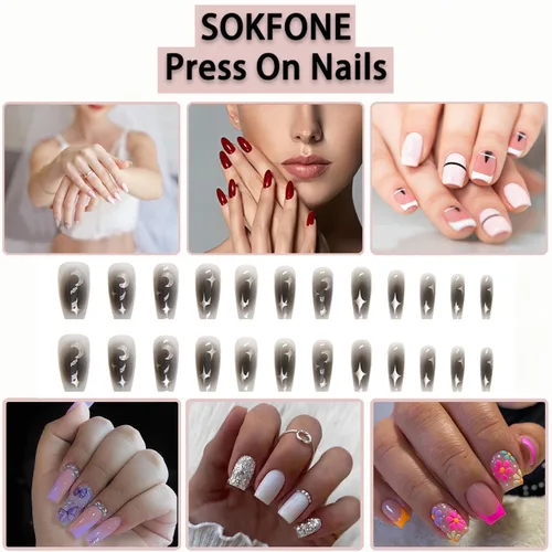Miniatura 7 de 24 uñas postizas medianas a presión, uñas postizas brillantes con diseños de estrellas y luna, uñas acrílicas negras de cobertura completa pegamento