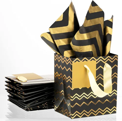 Miniatura 7 de Tenare 12 bolsas de regalo pequeñas, mini bolsa de papel metálica a granel con asa de papel de seda para envoltura de regalo, día del padre, negro