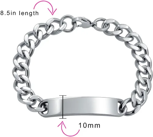 Miniatura 4 de Bling Jewelry Cadena de eslabones cubanos chapada en nombre de identificación para hombre, nombre personalizado, grabado en tono plateado, acero
