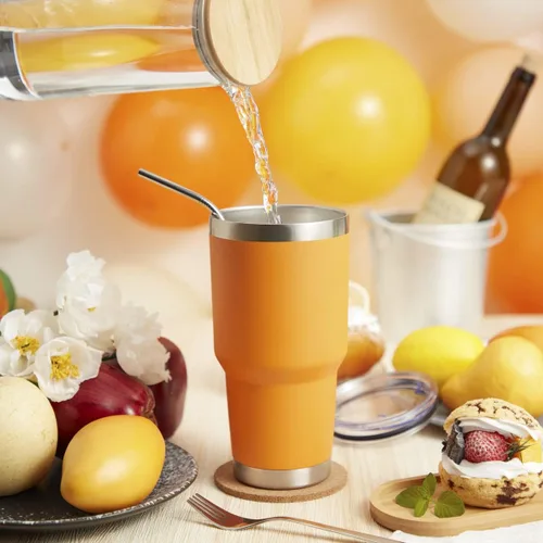Miniatura 4 de MEWAY Vaso aislado de 30 onzas con tapas y popotes, vaso de café de acero inoxidable con doble vacío, cepillo, taza de café duradera con Mixture