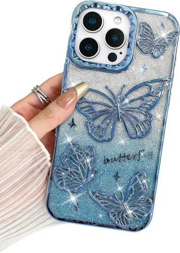Miniatura 27 de BITOBE Diseñada para iPhone 15 Pro Max, bonita funda de mariposa 3D chapada en purpurina delgada para mujeres y niñas, protección de cámara, Negro