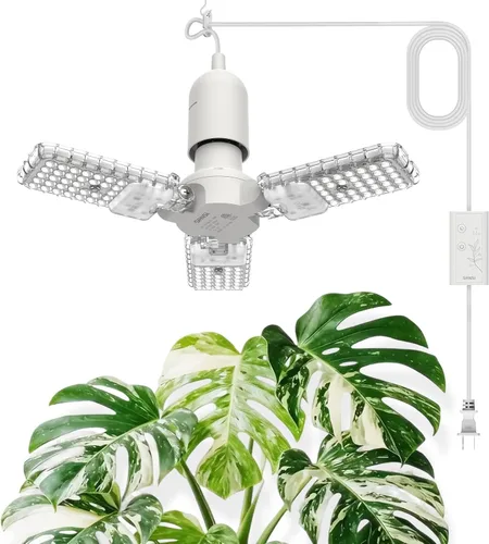 SANSI Luces colgantes de cultivo para plantas de interior, luz colgante de 30 W con temporizador, 3 paneles ajustables, espectro completo, 4700 lm,