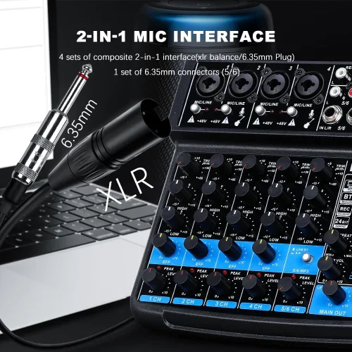 Miniatura 4 de BOMGE Consola mezcladora de sonido mini DJ Audio de 6 canales con interfaz USB, Bluetooth, grabación estéreo, alimentación fantasma de 48V, 99