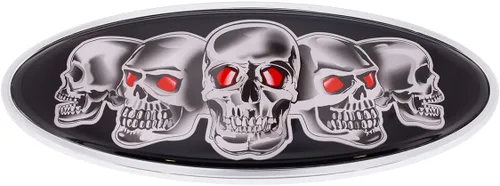 United Pacific 10882 Emblema de metal fundido a presión de 7" x 3 ¼" cromado ovalado con diseño de calavera, perno de montaje con respaldo de doble