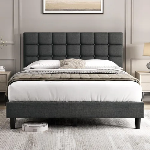 Miniatura 15 de Yaheetech Marco de Cama Tapizado, Plataforma de Cama Queen Moderna con Cabecera de Capitoné con Costuras Cuadradas y Botones, Altura Ajustable, Beige