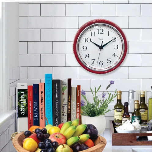 Miniatura 2 de Lily's Home Reloj de pared retro, diseño vintage de 9.5 pulgadas, movimiento de cuarzo silencioso sin tictac, funciona con pilas, perfecto para Rojo