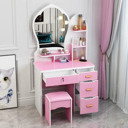 Miniatura 24 de QQXX Juego de tocador grande con espejo, tocador de maquillaje con estantes de almacenamiento y 4 cajones, taburete acolchado para dormitorio