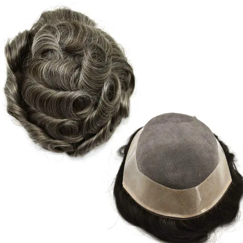Miniatura 23 de Peluca de cabello humano monofilamento fino para hombre tipo tupé de polietileno alrededor del sistema de cabello, peluca duradera de monofilamento