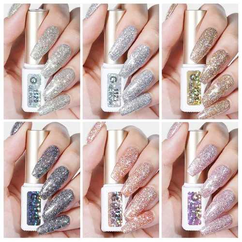 Miniatura 6 de GAOY Juego de Esmalte de Uñas con Purpurina Cromado Platino, 6 Colores Incluyendo Esmalte en Gel Brillante Resplandeciente UV LED Removible Negro