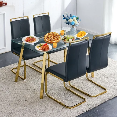Miniatura 14 de Juego de mesa de comedor de cristal para 4, mesa rectangular con 4 sillas de cocina de cuero gris, juego de comedor de cocina de 51 pulgadas, mesa 4