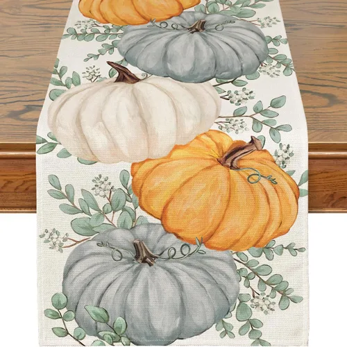 Camino de mesa de otoño, eucalipto y calabaza, camino de mesa para otoño, Acción de Gracias, decoración de fiesta en el hogar, decoración de mesa de