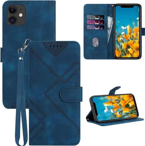 Funda tipo cartera para iPhone 11, tarjetero de cuero, correa de muñeca, cierre magnético, funda protectora a prueba de golpes (azul)