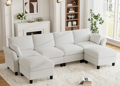 Miniatura 13 de Legend Vansen Sofá modular seccional, cómodo sofá modular en forma de U de 6 asientos con espacio de almacenamiento y diván, sofás seccionales Crema