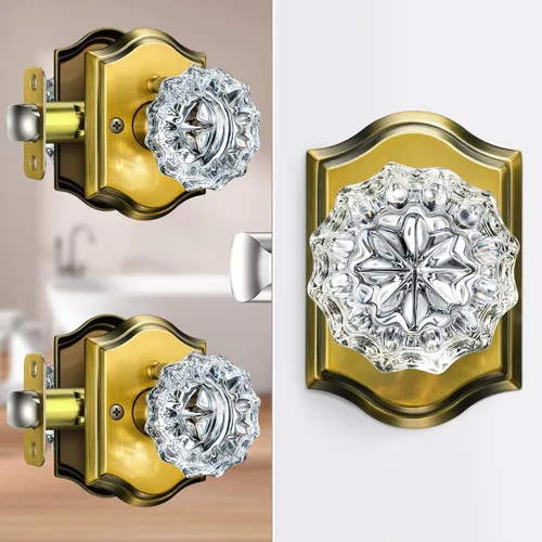 Miniatura 29 de Pomos de puerta de cristal para interiores, pomos de puerta de cristal de latón envejecido con cerradura para uso de privacidad, pomos de puerta
