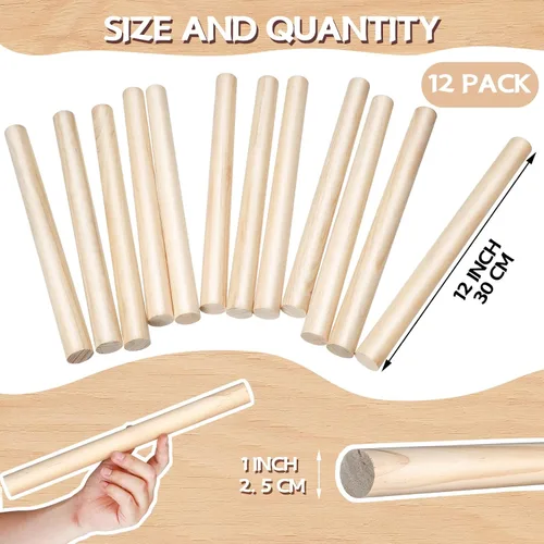 Miniatura 2 de 1 varilla de madera de 12 pulgadas, varillas redondas de madera sin terminar, clavijas de madera para manualidades (6 piezas)
