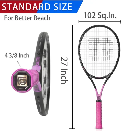Miniatura 3 de Raqueta de tenis para adultos de 27 pulgadas, raqueta de tenis de fibra de carbono a prueba de golpes, ligera, pre-cordada y con empuñadura, Negro