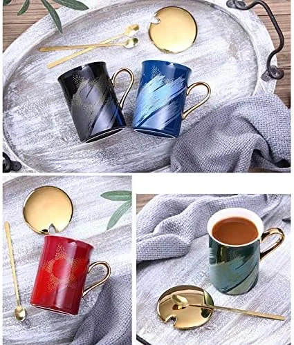 Miniatura 4 de Taza de café de cerámica. Diseño novedoso y moderno con mango dorado y taza de colores brillantes. Taza de té para vajilla de cocina y desayuno Negro