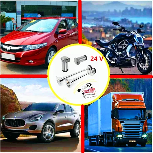 Miniatura 6 de Bocina de aire del coche 165DB tono alto y bajo 24 V doble tubo trompeta camión plata cromo zinc auto con dos bombas de compresor para barco