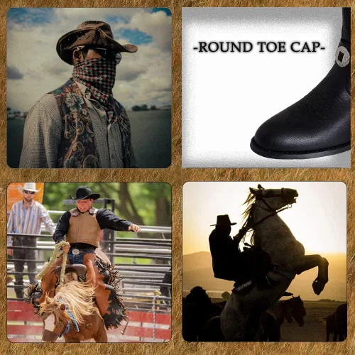 Miniatura 5 de Botas vaqueras para hombre, botas de tacón grueso bloqueado con correa Chonco cosidas, botas occidentales cerradas, punta redonda, botas bordadas a