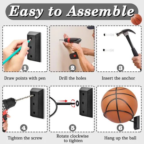 Miniatura 6 de Soporte de pared para baloncesto VIVTOB, soporte de pared para pelota de 7 pulgadas con base de madera maciza de nogal negro y anillo de metal