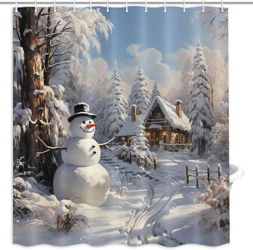 Miniatura 4 de MERCHR - Cortina de ducha con diseño de muñeco de nieve navideño, cortinas rústicas de invierno con árboles de nieve para baño de granja, juego