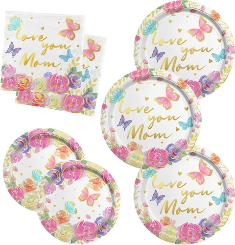 Miniatura 7 de Decoraciones de fiesta del Día de la Madre, Serve 25, Happy Mother Day Pack incluye: platos de papel para cena, platos de postre, servilletas